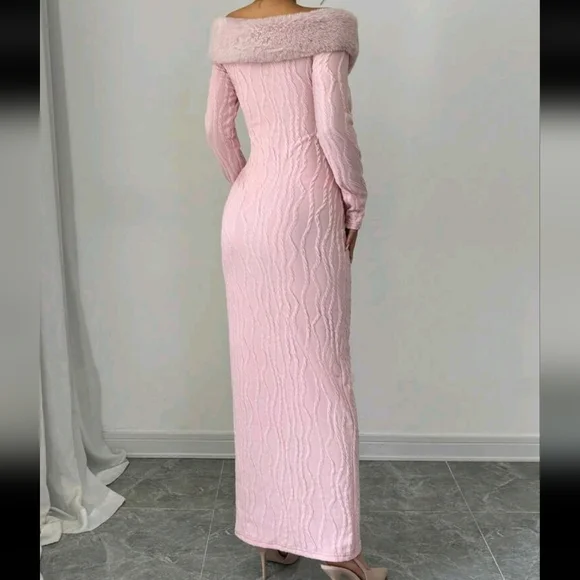 Long Sleeve Fluffy Collar Tie-Waist Off Shoulder Elegant Char - Picture 2 of 4